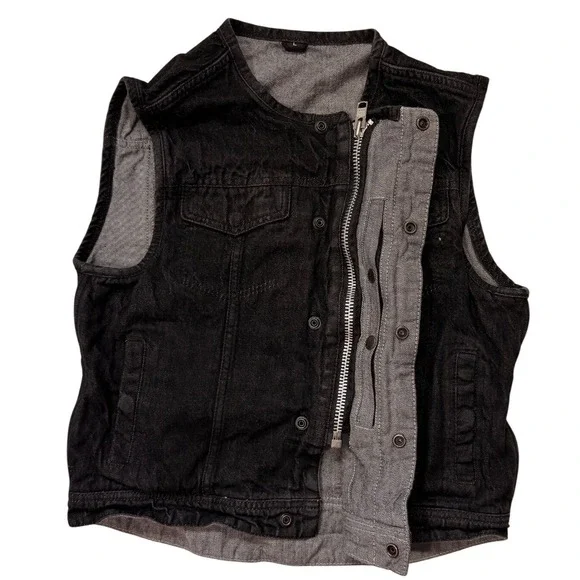 Black Denim motorcycle vest zip front closure layering club-style Youth-Large - Picture 3 of 6